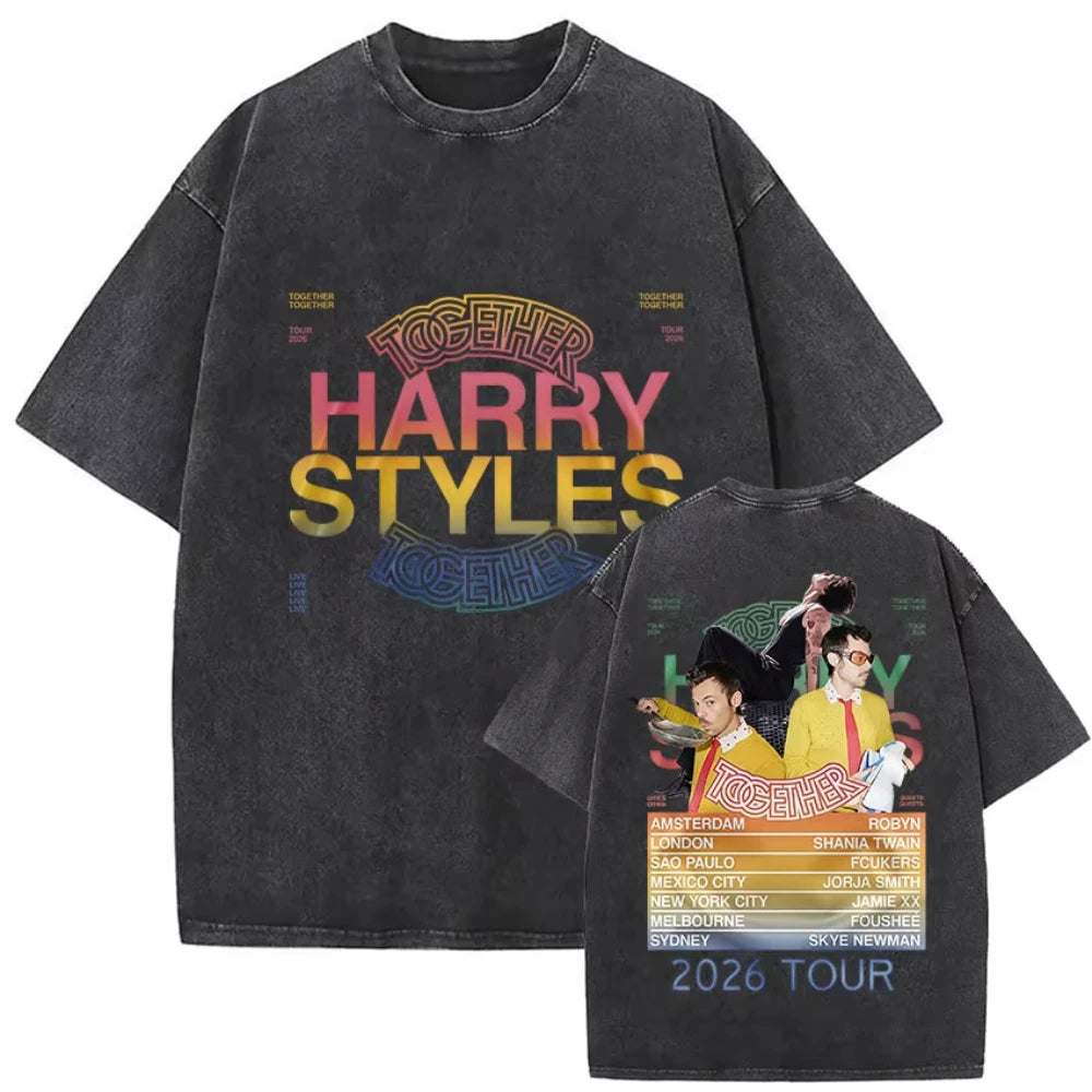 Harry Styles "Together" Tour 2026 Vintage Washed T-Shirt Men Women Pop Music Fashion Oversized Cotton Graphic TShirts Streetwear