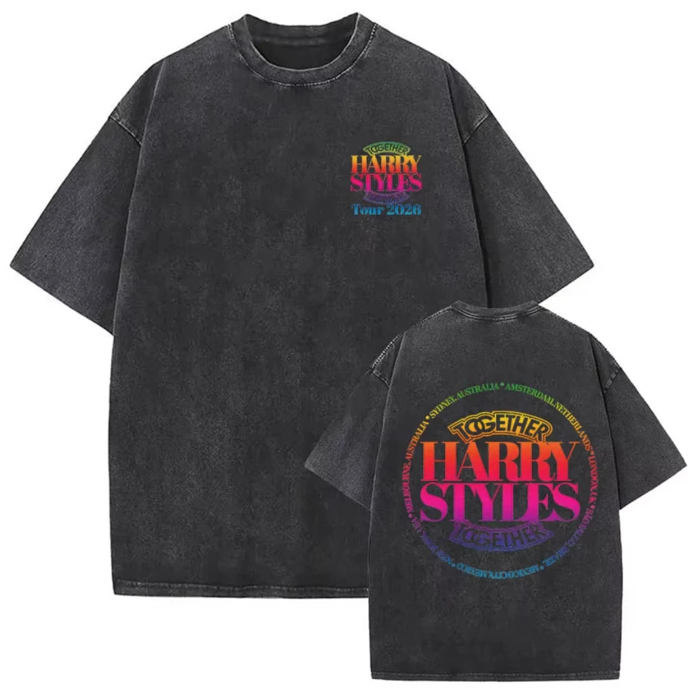 Harry Styles "Together" Tour 2026 Vintage Washed T-Shirt Men Women Pop Music Fashion Oversized Cotton Graphic TShirts Streetwear