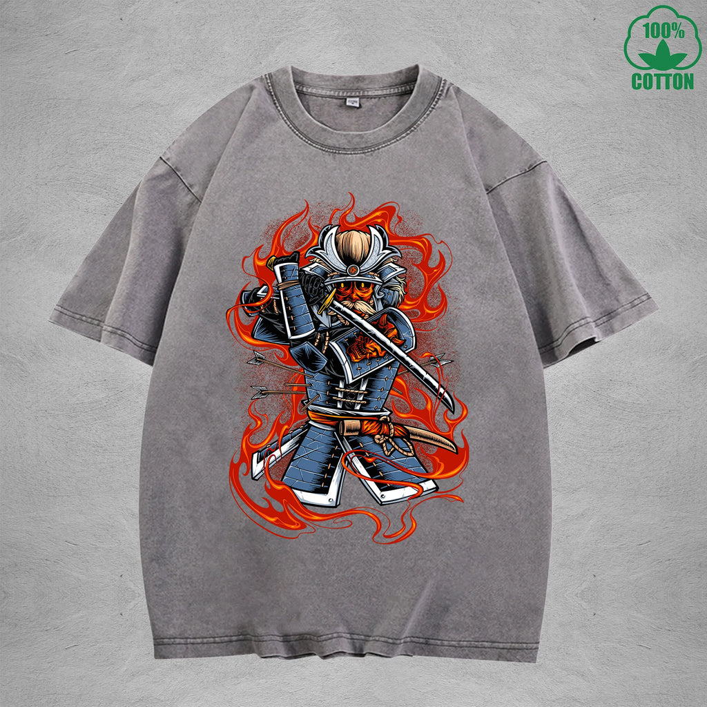 Ghost Samurai Interest Printed Washed T-Shirt 230G Multicolor Loose Trendy Fashionable Cotton Short Sleeve Top