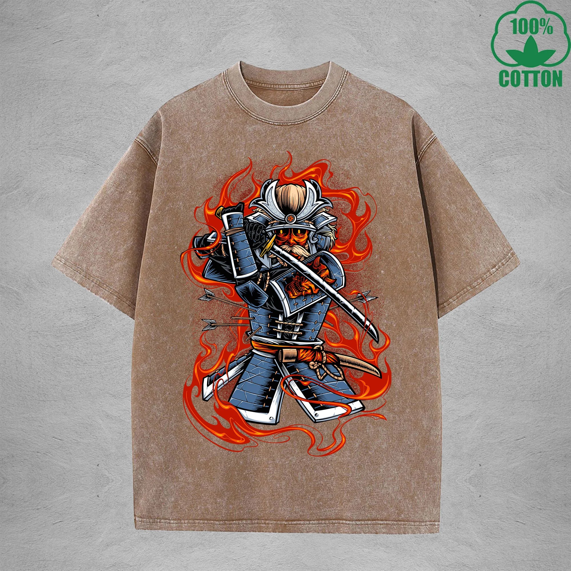 Ghost Samurai Interest Printed Washed T-Shirt 230G Multicolor Loose Trendy Fashionable Cotton Short Sleeve Top