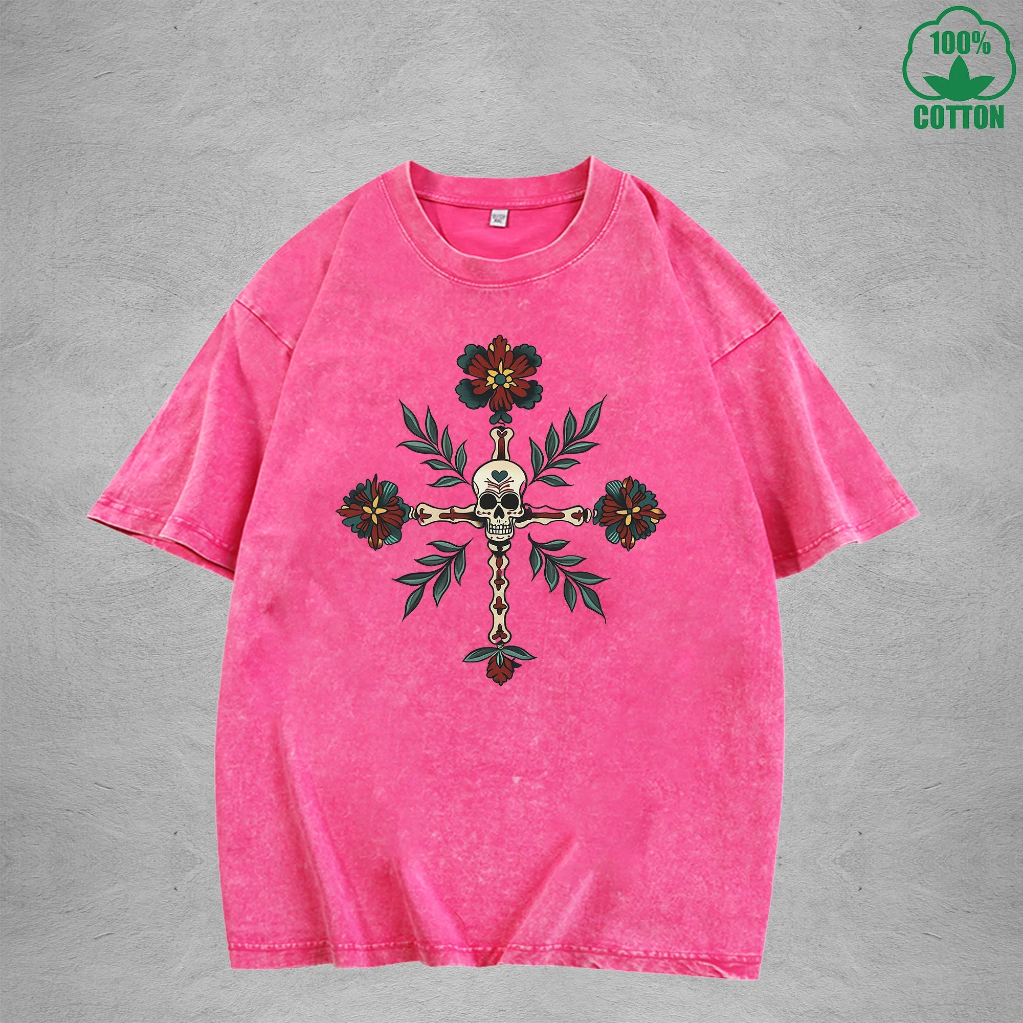 Skeleton Interest Printed Washed T-Shirt 230G Multicolor Loose Trendy Fashionable Cotton Short Sleeve Top