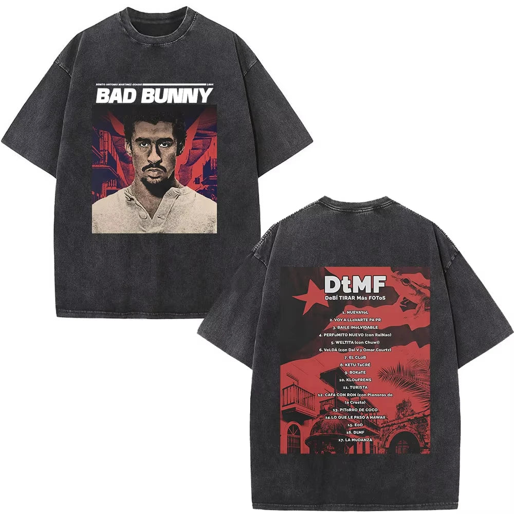 Rapper Bad Bunny Washed Vintage T-shirt Debi Tirar Mas Fotos DTMF World Tour T Shirts Men's Fashion Hip Hop T-shirts Streetwears