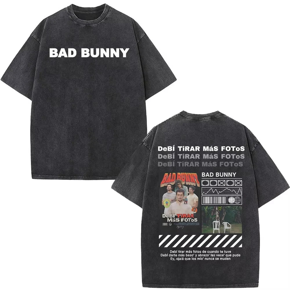 Rapper Bad Bunny Washed Vintage T-shirt Debi Tirar Mas Fotos DTMF World Tour T Shirts Men's Fashion Hip Hop T-shirts Streetwears
