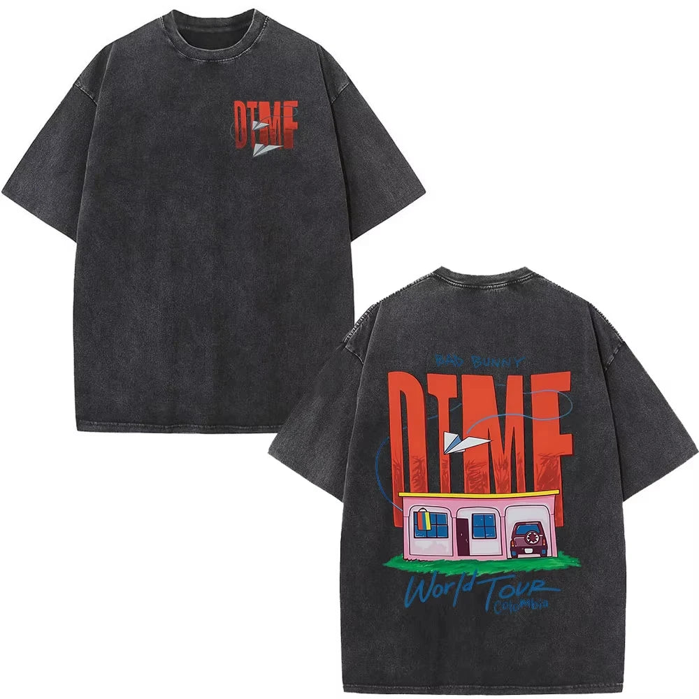 Rapper Bad Bunny Washed Vintage T-shirt Debi Tirar Mas Fotos DTMF World Tour T Shirts Men's Fashion Hip Hop T-shirts Streetwears