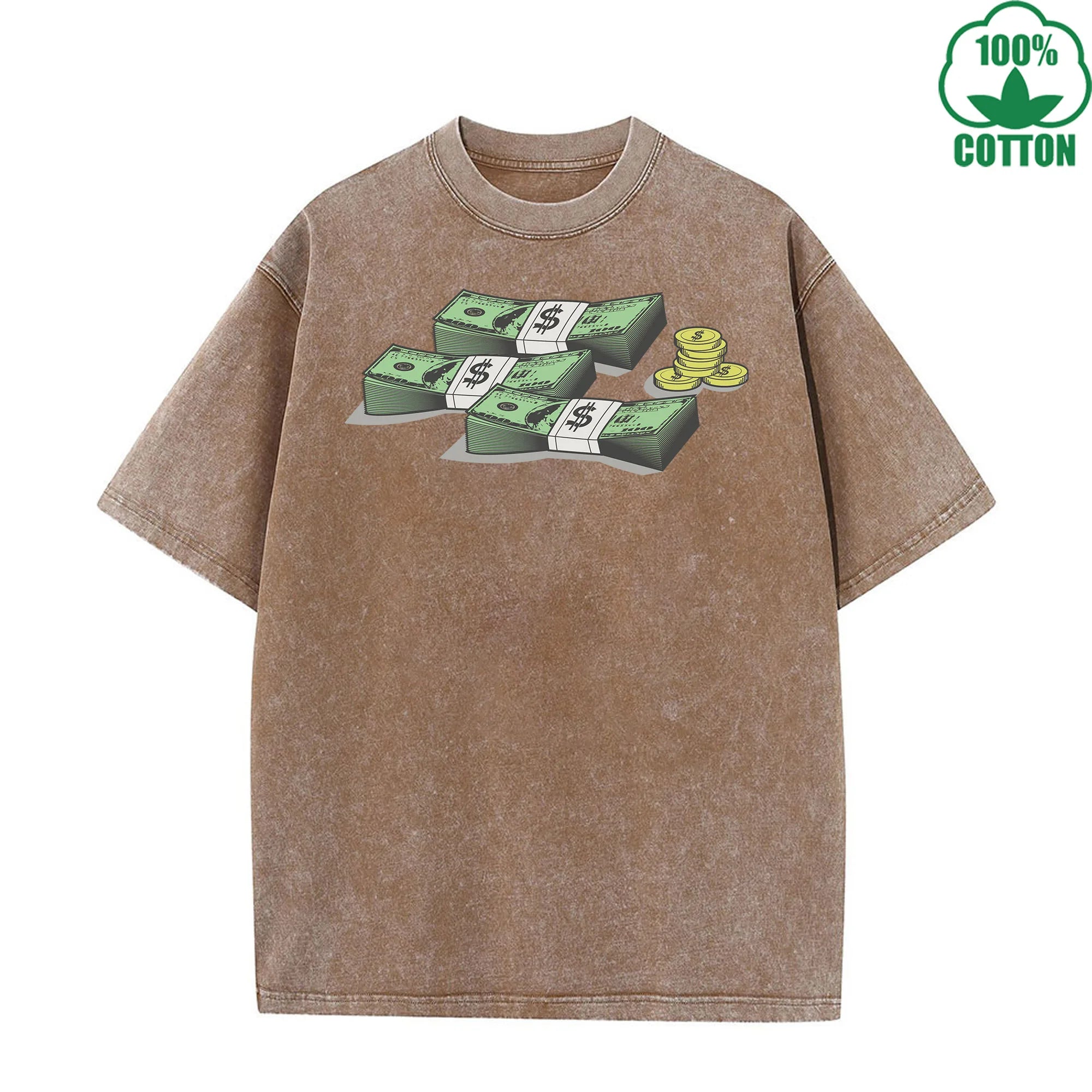 Banknote Printed Washed T-Shirt 230G Multicolor Loose Trendy Fashionable Cotton Short Sleeve Top The Best Gift Special Offer