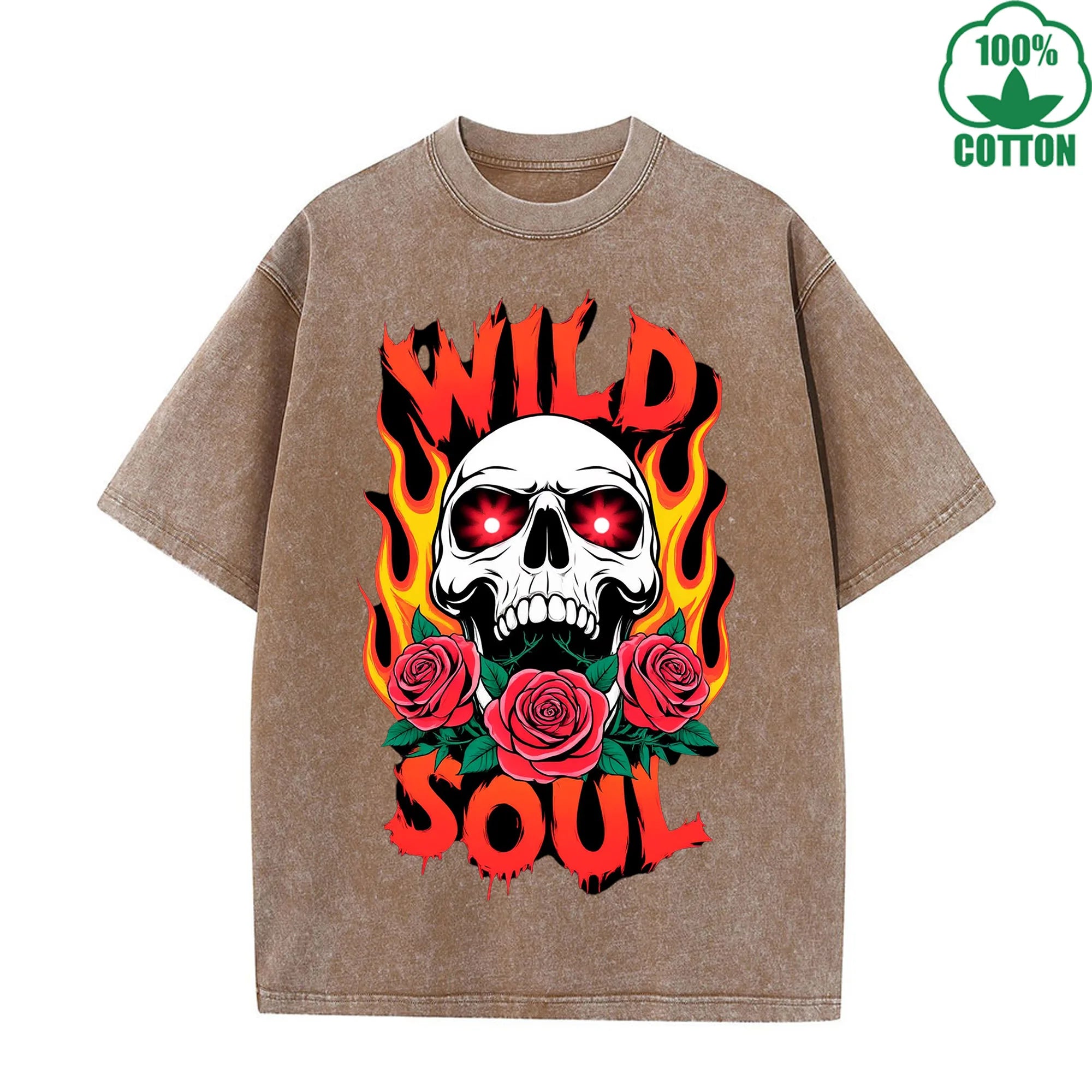 WILD SOUL Printed American Style Fashion Washed T-Shirt 230G Multicolor Loose Trendy Fashionable Cotton Short Sleeve Top