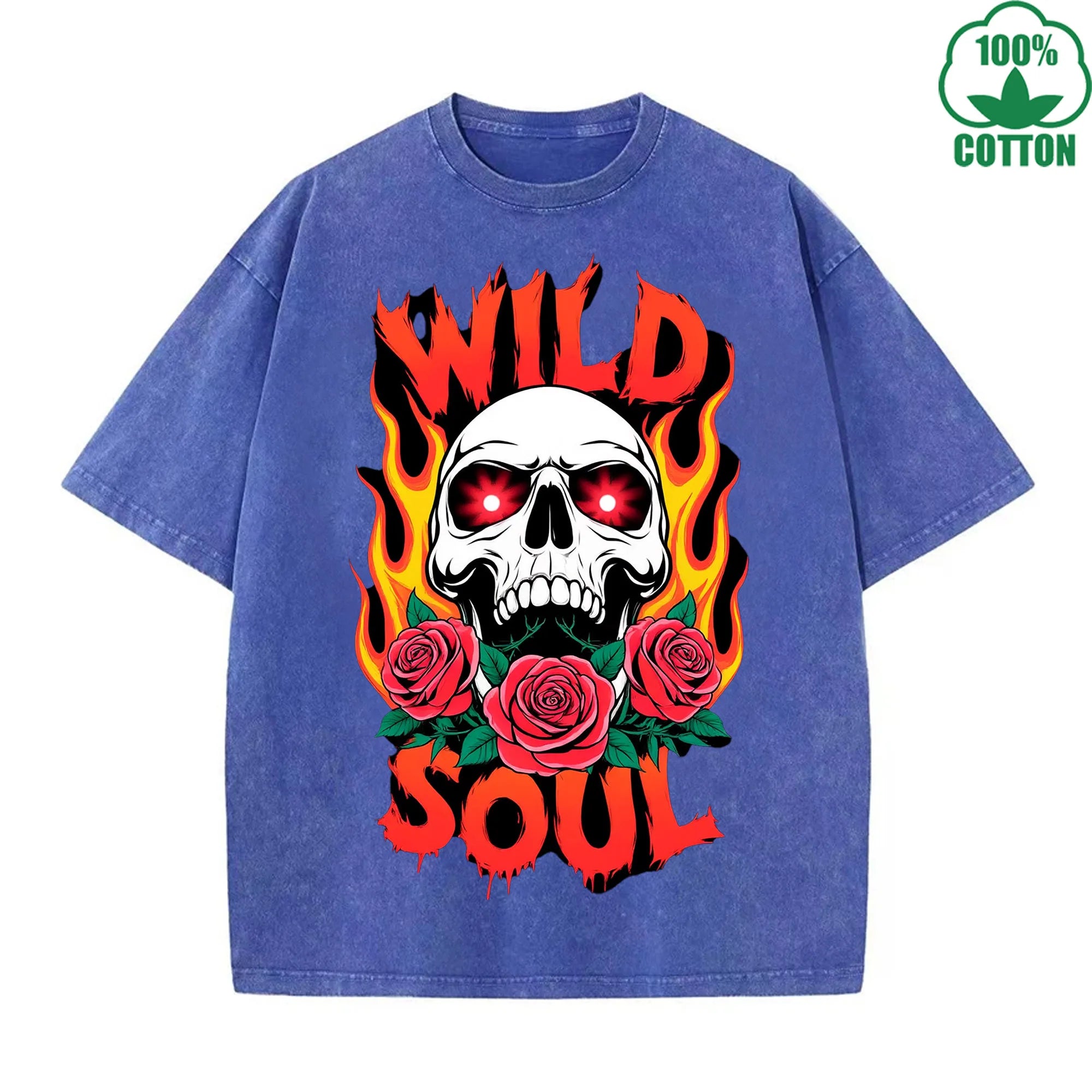 WILD SOUL Printed American Style Fashion Washed T-Shirt 230G Multicolor Loose Trendy Fashionable Cotton Short Sleeve Top