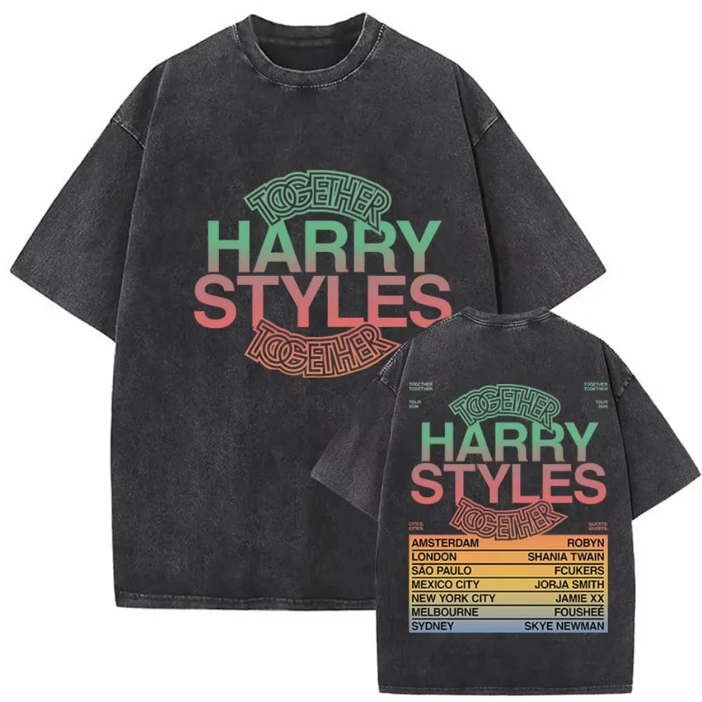Harry Styles "Together" Tour 2026 Vintage Washed T-Shirt Men Women Pop Music Fashion Oversized Cotton Graphic TShirts Streetwear