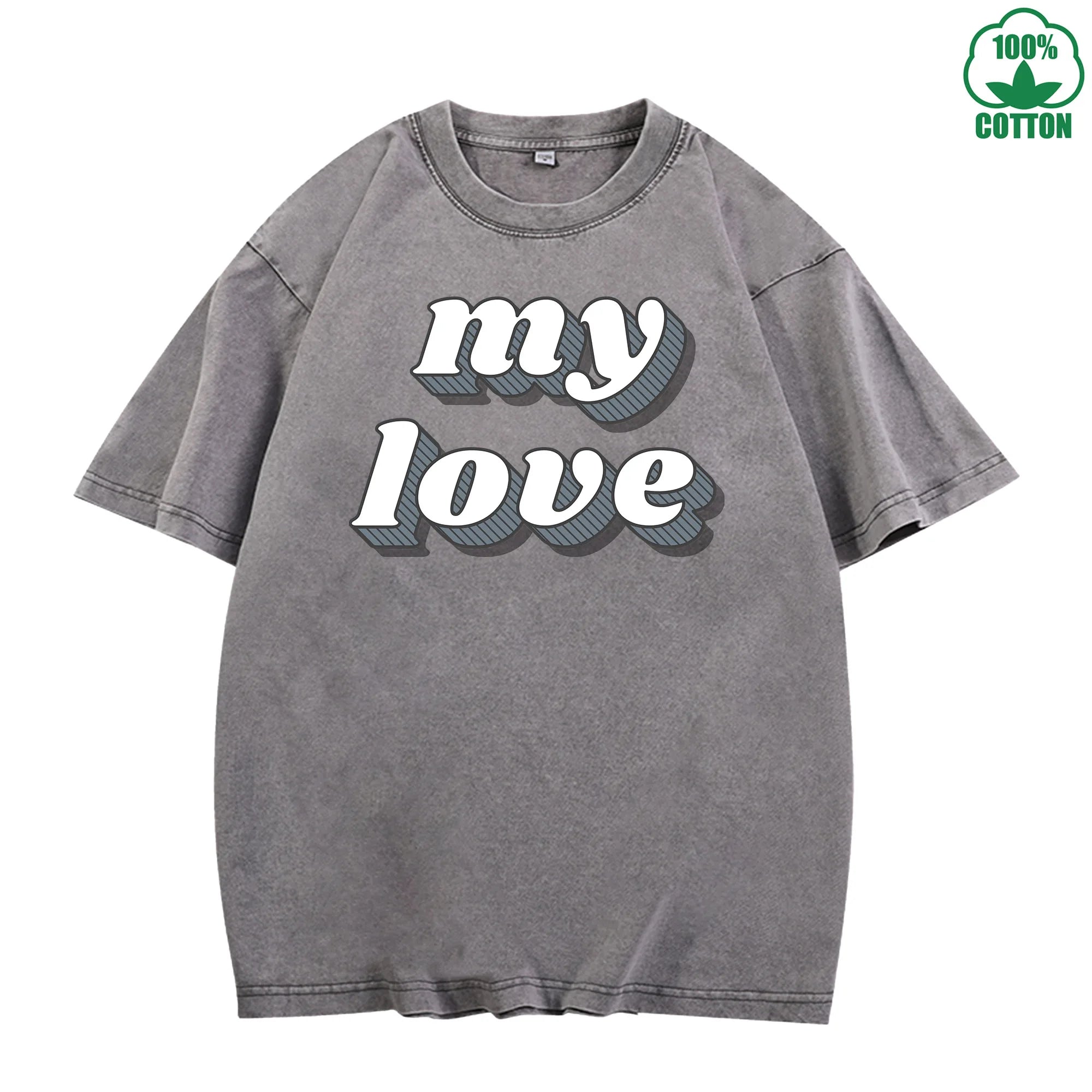 My Love Printed Multicolor Washed T-Shirt 230G American Style Loose Trendy Fashionable Cotton Short Sleeve Top