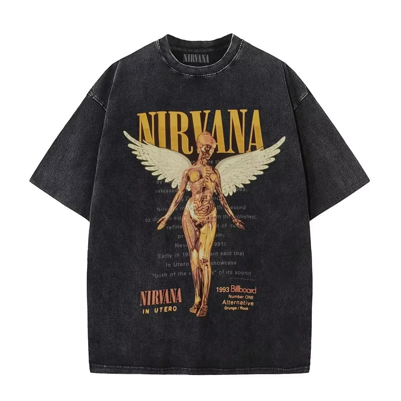 Nirvana rock band men's Retro cotton Washed Tee In Utero album man Women's oversized Y2K distress Tshirt Casual Loose streetwear