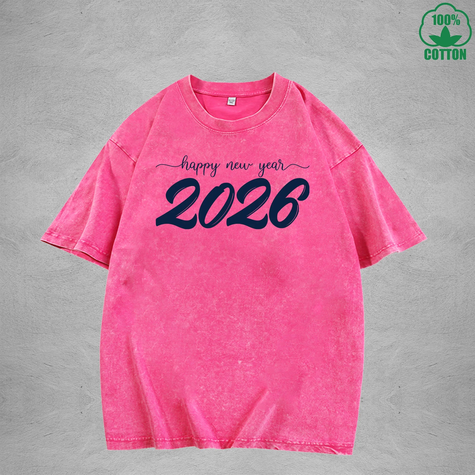 2026 Happy New Year Interest Printed Washed T-Shirt 230G Multicolor Loose Trendy Fashionable Cotton Short Sleeve Top