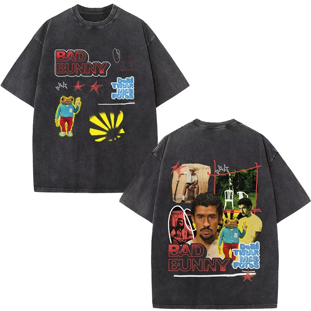 Rapper Bad Bunny Washed Vintage T-shirt Debi Tirar Mas Fotos DTMF World Tour T Shirts Men's Fashion Hip Hop T-shirts Streetwears