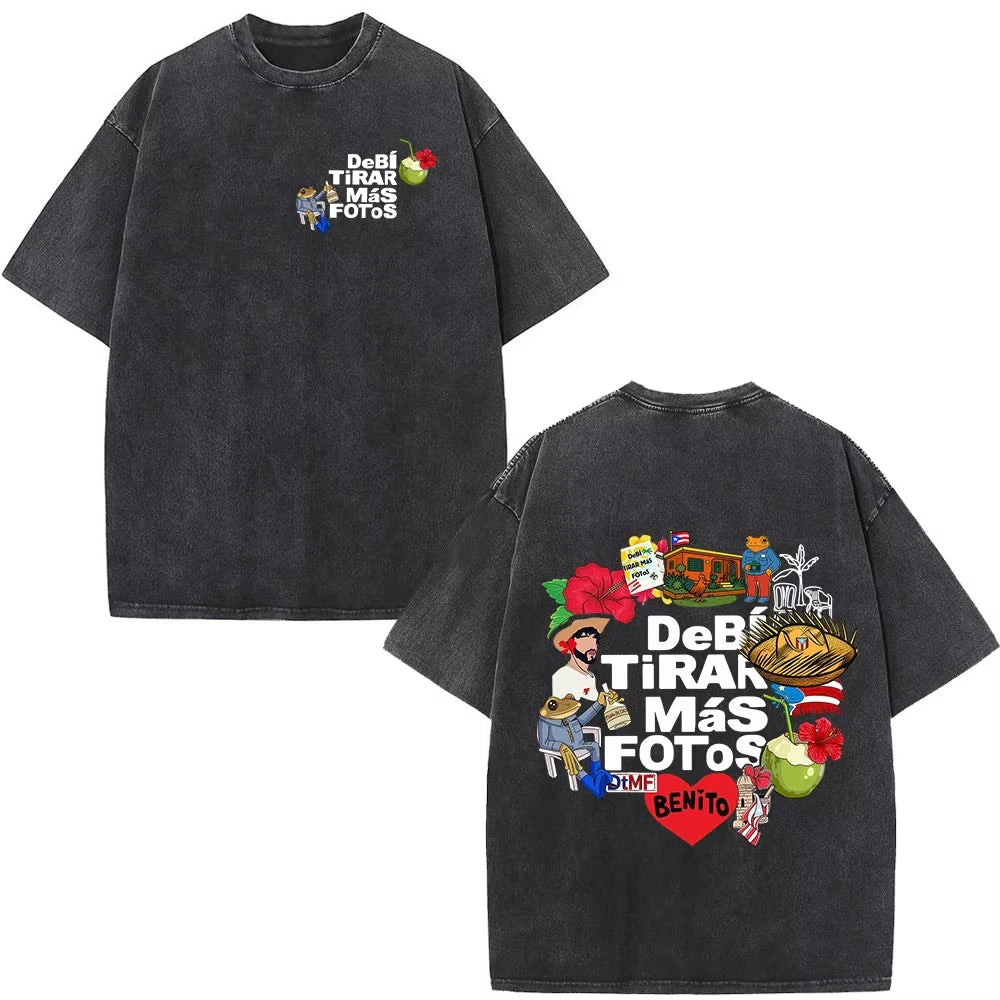 Rapper Bad Bunny Washed Vintage T-shirt Debi Tirar Mas Fotos DTMF World Tour T Shirts Men's Fashion Hip Hop T-shirts Streetwears