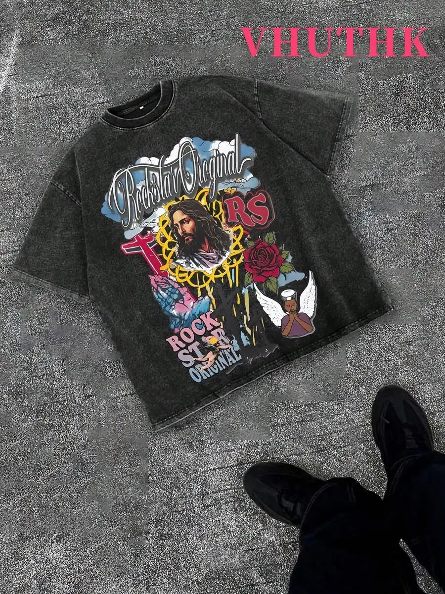 Denim Blue Cotton Tee With Religious Rock Star Graphic Print Streetwear Casual T-Shirt
