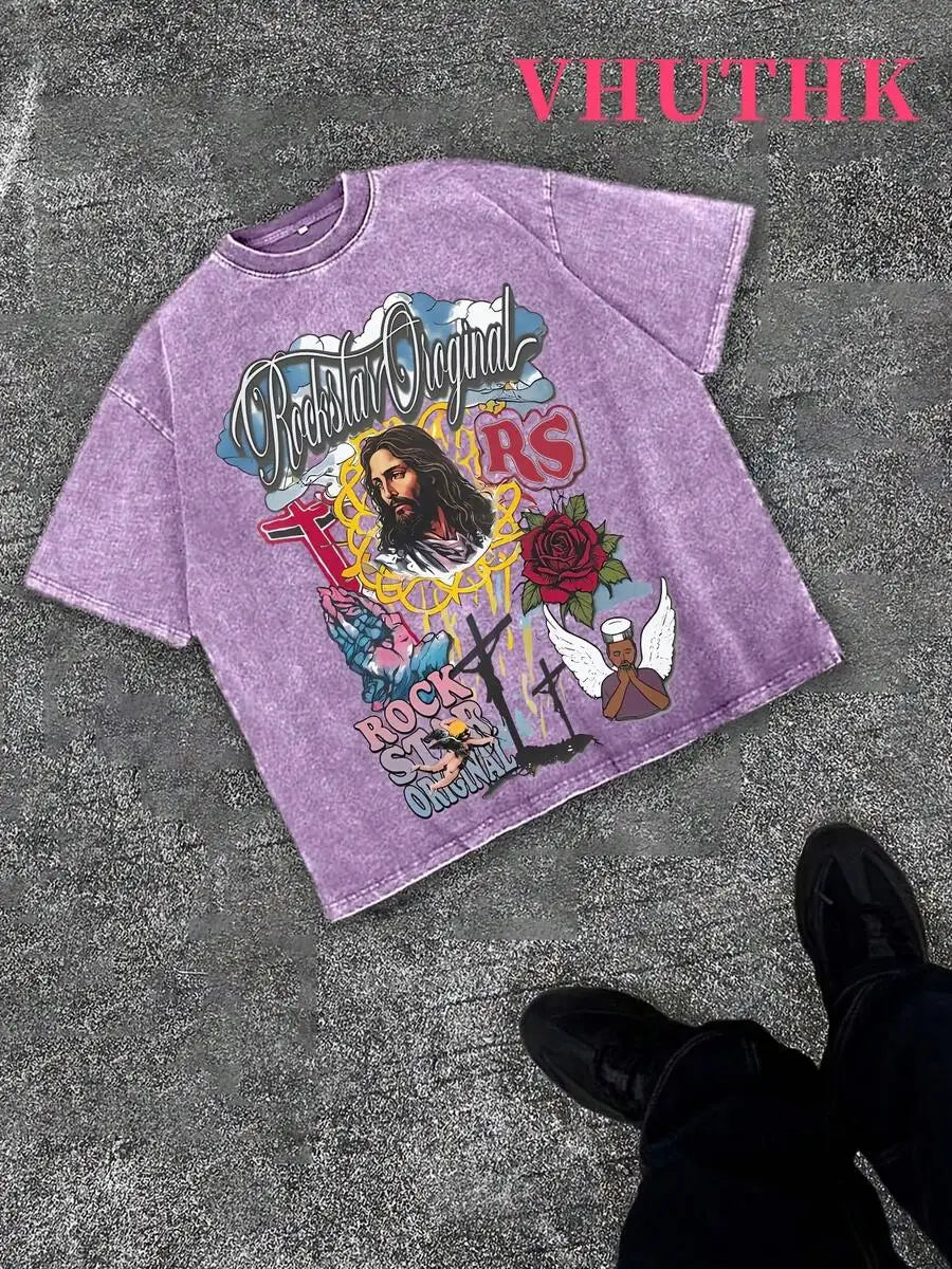 Denim Blue Cotton Tee With Religious Rock Star Graphic Print Streetwear Casual T-Shirt