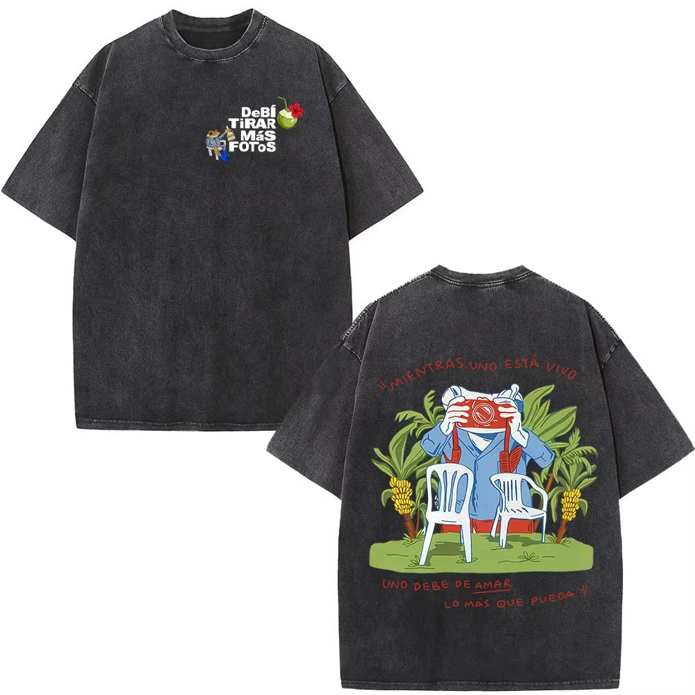 Rapper Bad Bunny Washed Vintage T-shirt Debi Tirar Mas Fotos DTMF World Tour T Shirts Men's Fashion Hip Hop T-shirts Streetwears