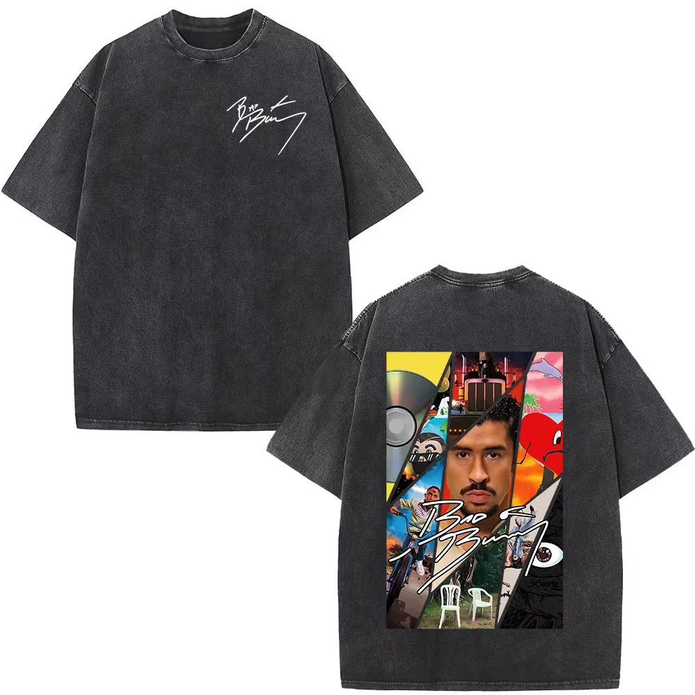 Rapper Bad Bunny Washed Vintage T-shirt Debi Tirar Mas Fotos DTMF World Tour T Shirts Men's Fashion Hip Hop T-shirts Streetwears