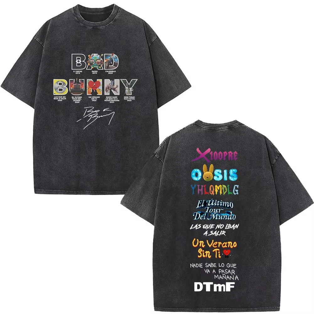 Rapper Bad Bunny Washed Vintage T-shirt Debi Tirar Mas Fotos DTMF World Tour T Shirts Men's Fashion Hip Hop T-shirts Streetwears