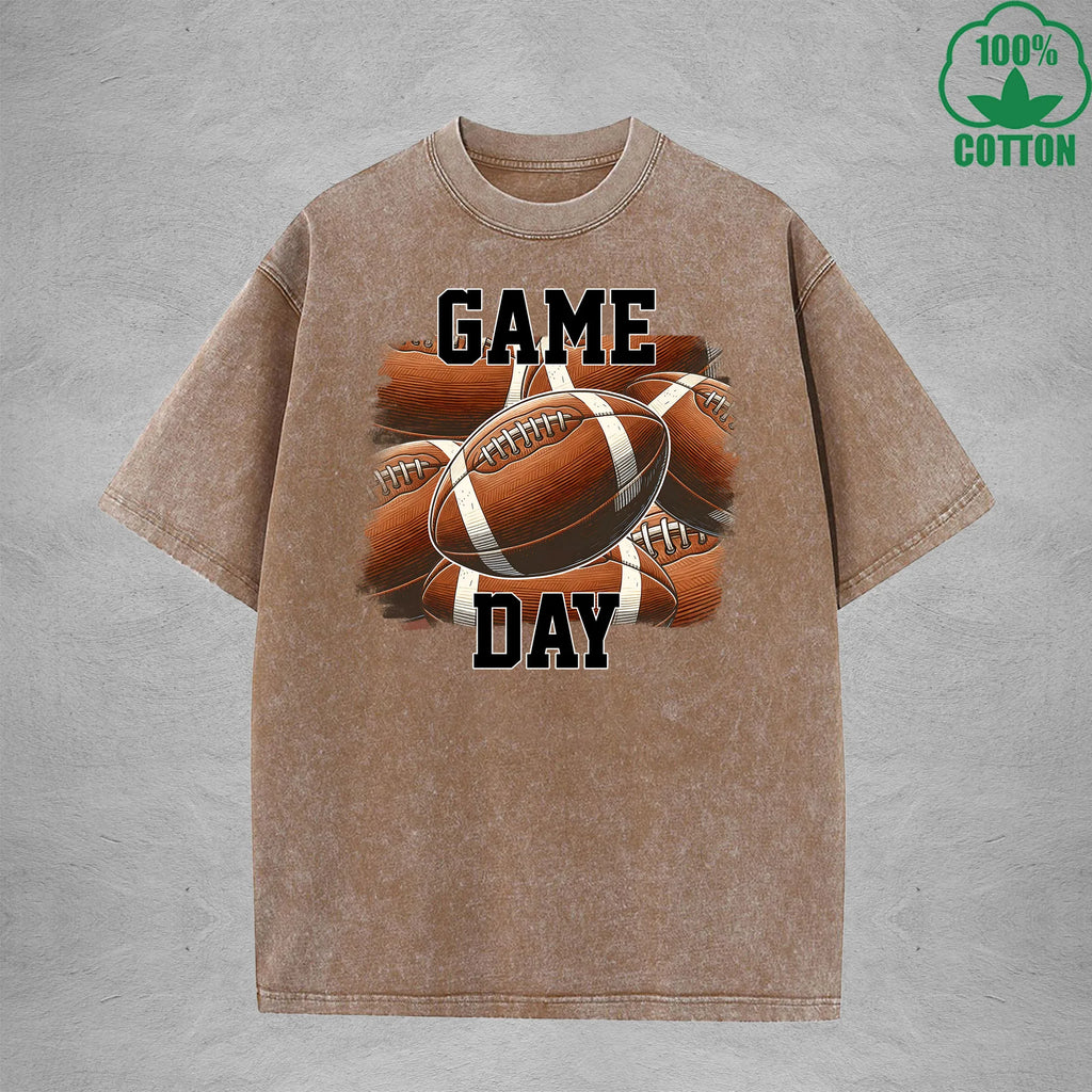 Game Day Printed Washed T-Shirt 230G Loose Trendy Fashionable Cotton Short Sleeve Top