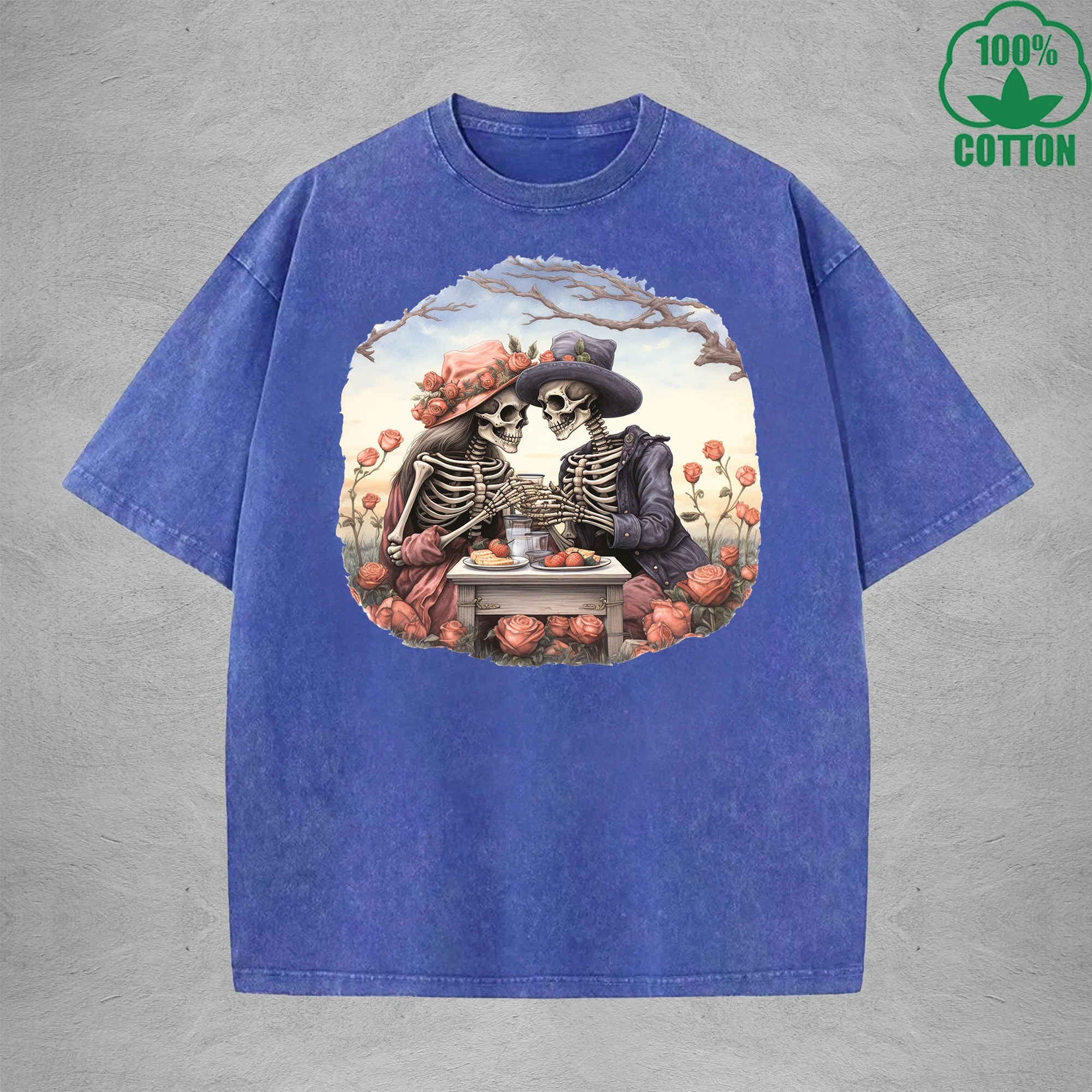 Romantic Afternoon Tea Interesting Printed Washed T-Shirt 230G Multicolor Loose Trendy Fashionable Cotton Short Sleeve Top