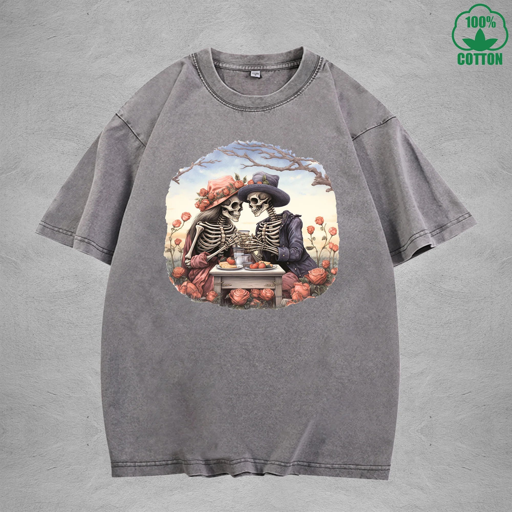 Romantic Afternoon Tea Interesting Printed Washed T-Shirt 230G Multicolor Loose Trendy Fashionable Cotton Short Sleeve Top