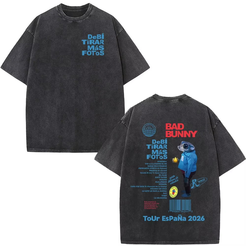 Rapper Bad Bunny Washed Vintage T-shirt Debi Tirar Mas Fotos DTMF World Tour T Shirts Men's Fashion Hip Hop T-shirts Streetwears