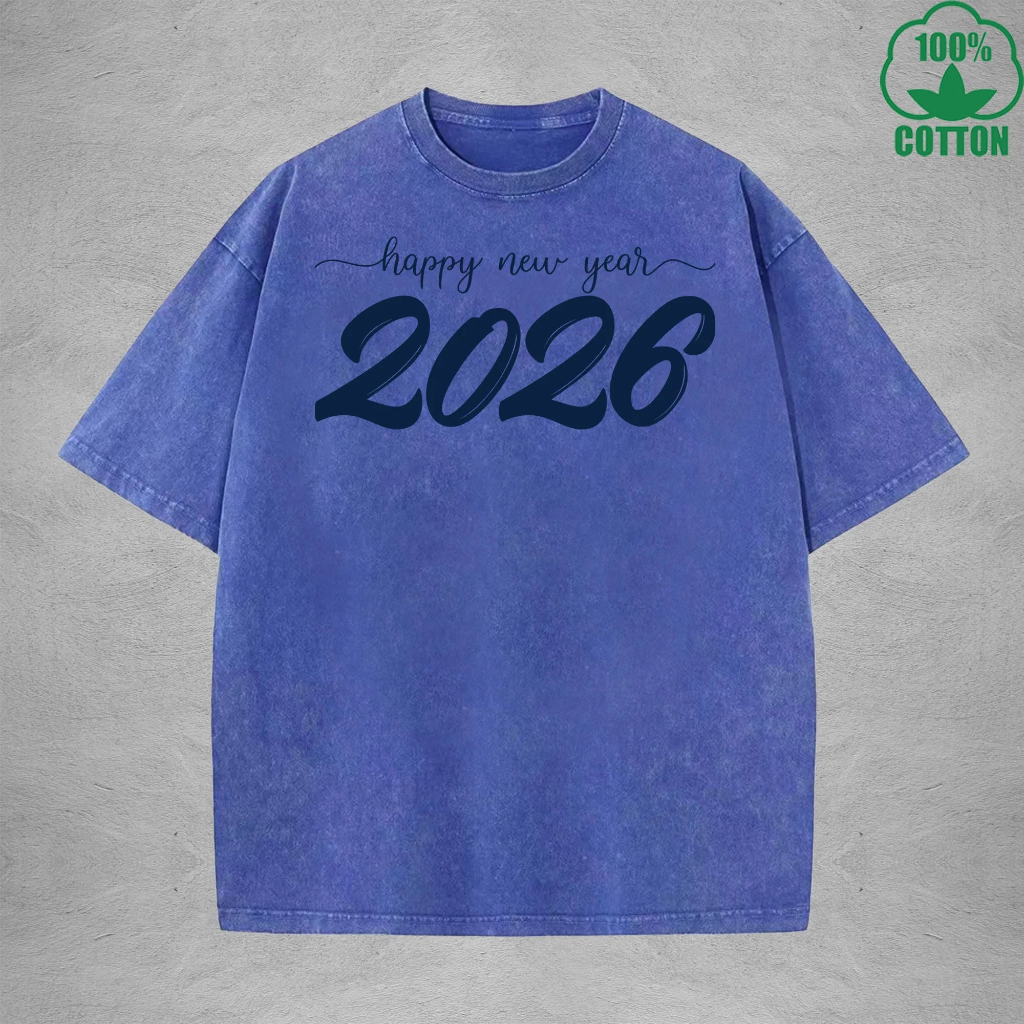 2026 Happy New Year Interest Printed Washed T-Shirt 230G Multicolor Loose Trendy Fashionable Cotton Short Sleeve Top