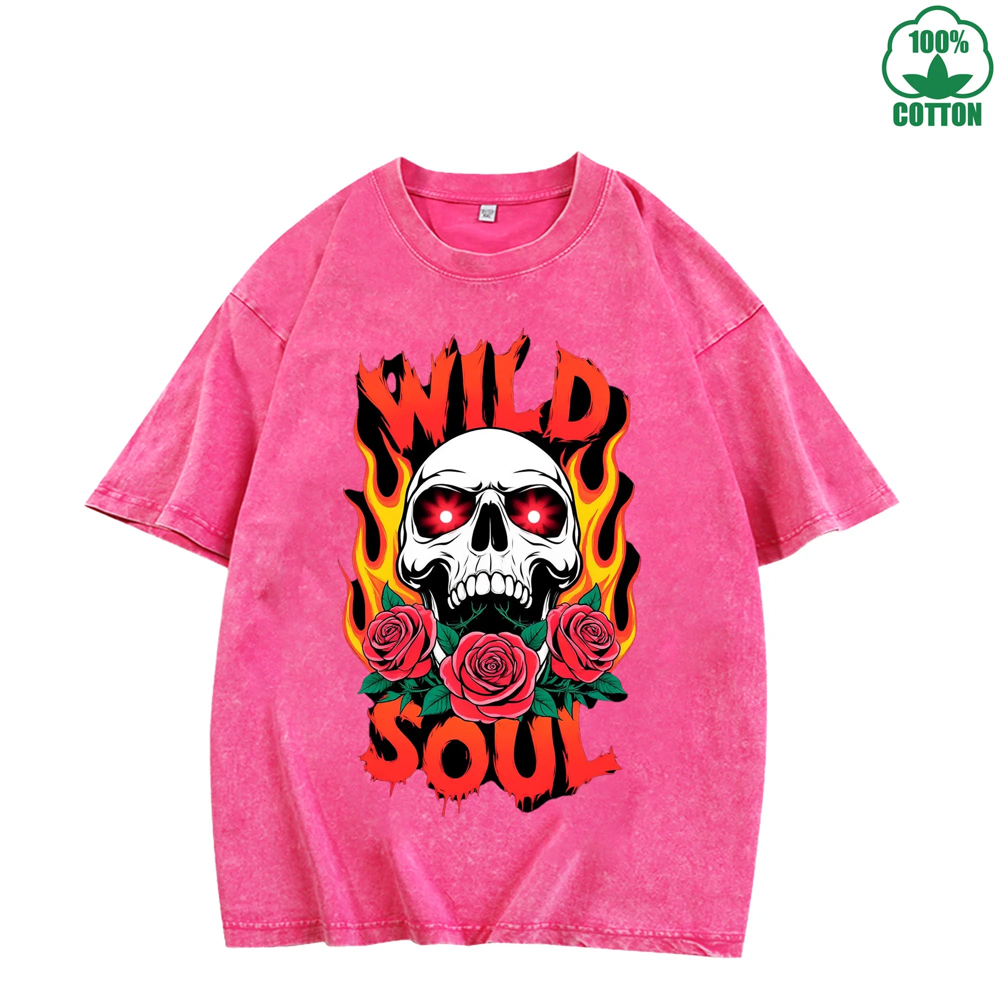 WILD SOUL Printed American Style Fashion Washed T-Shirt 230G Multicolor Loose Trendy Fashionable Cotton Short Sleeve Top
