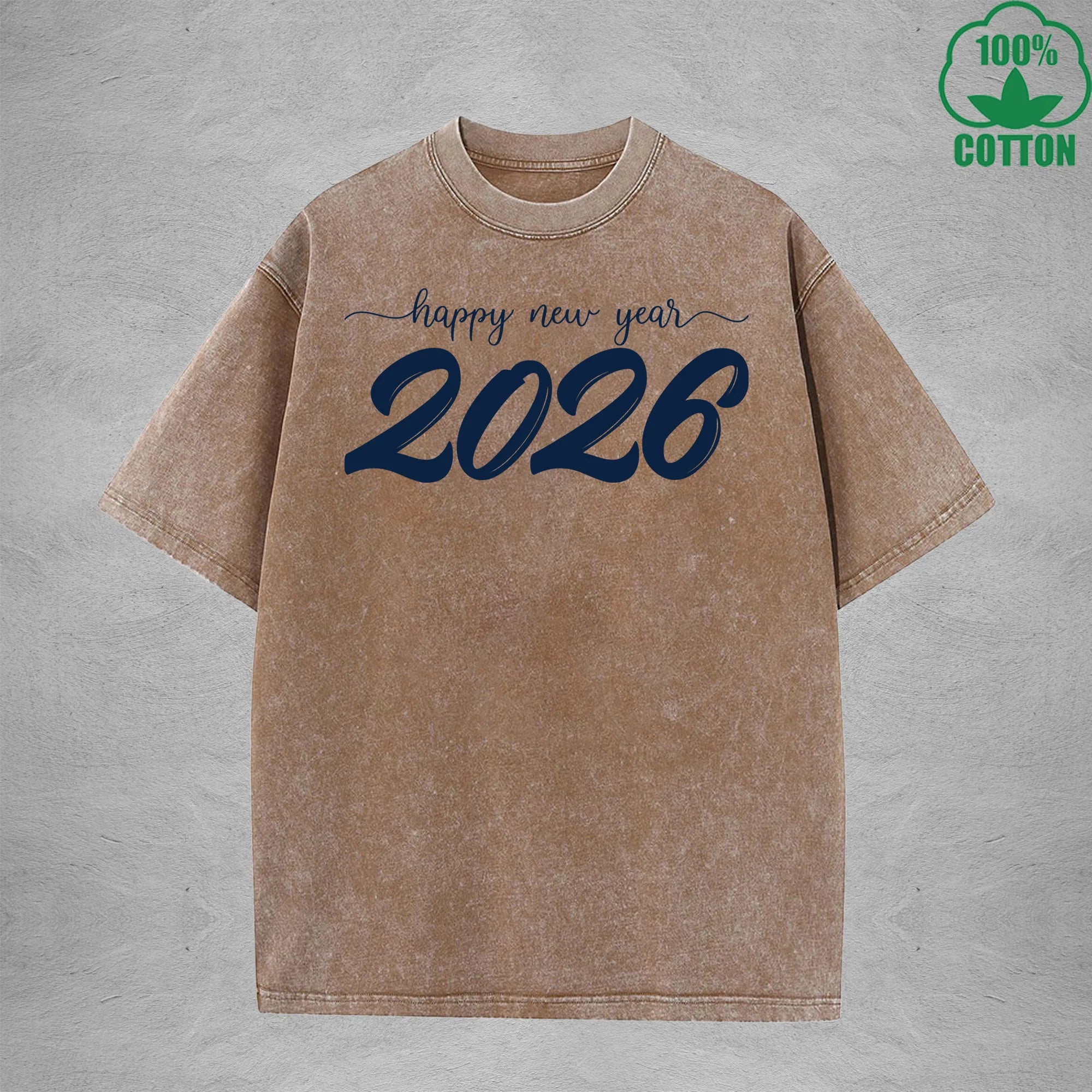 2026 Happy New Year Interest Printed Washed T-Shirt 230G Multicolor Loose Trendy Fashionable Cotton Short Sleeve Top