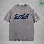 2026 Happy New Year Interest Printed Washed T-Shirt 230G Multicolor Loose Trendy Fashionable Cotton Short Sleeve Top