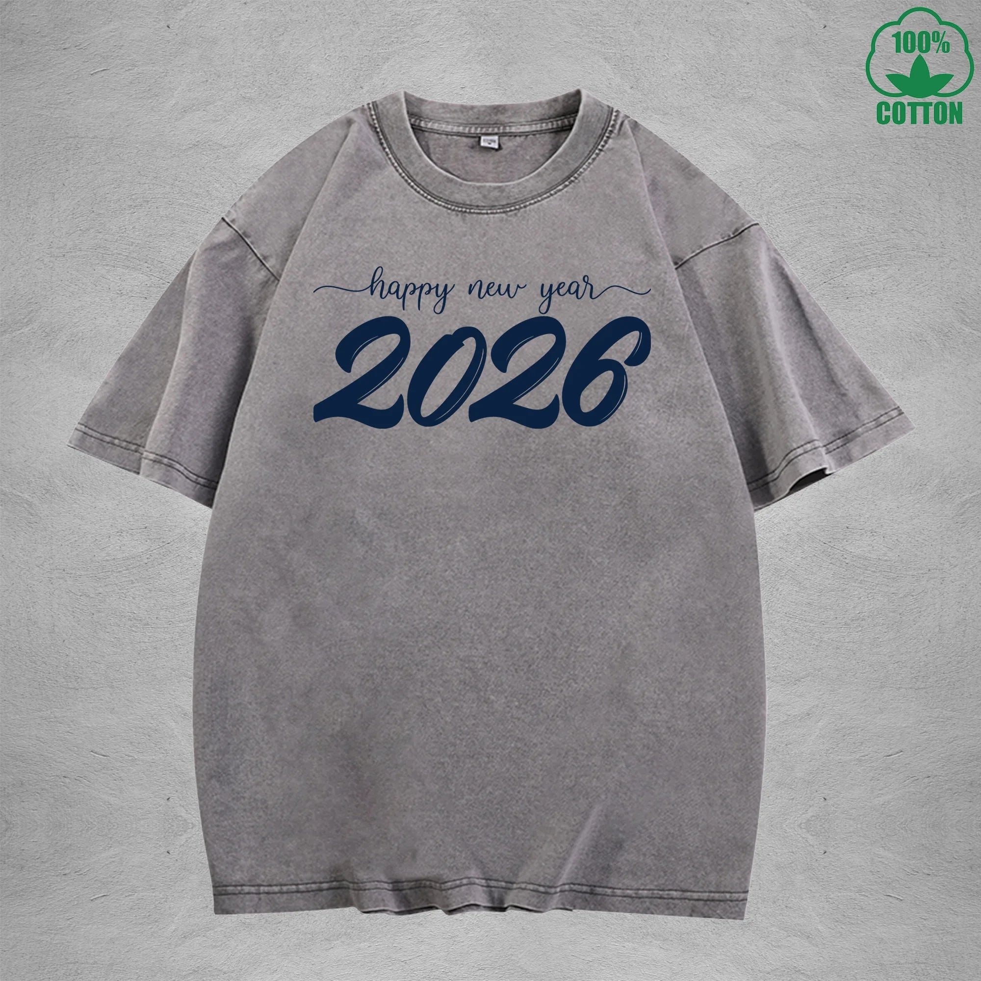 2026 Happy New Year Interest Printed Washed T-Shirt 230G Multicolor Loose Trendy Fashionable Cotton Short Sleeve Top