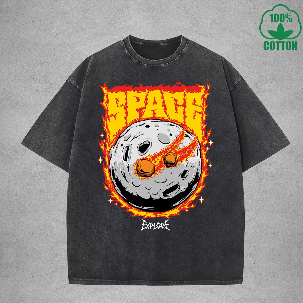 Space American Retro 230G Washed T-Shirt Available in Multiple Colors Fashionable Pure Cotton Short Sleeve