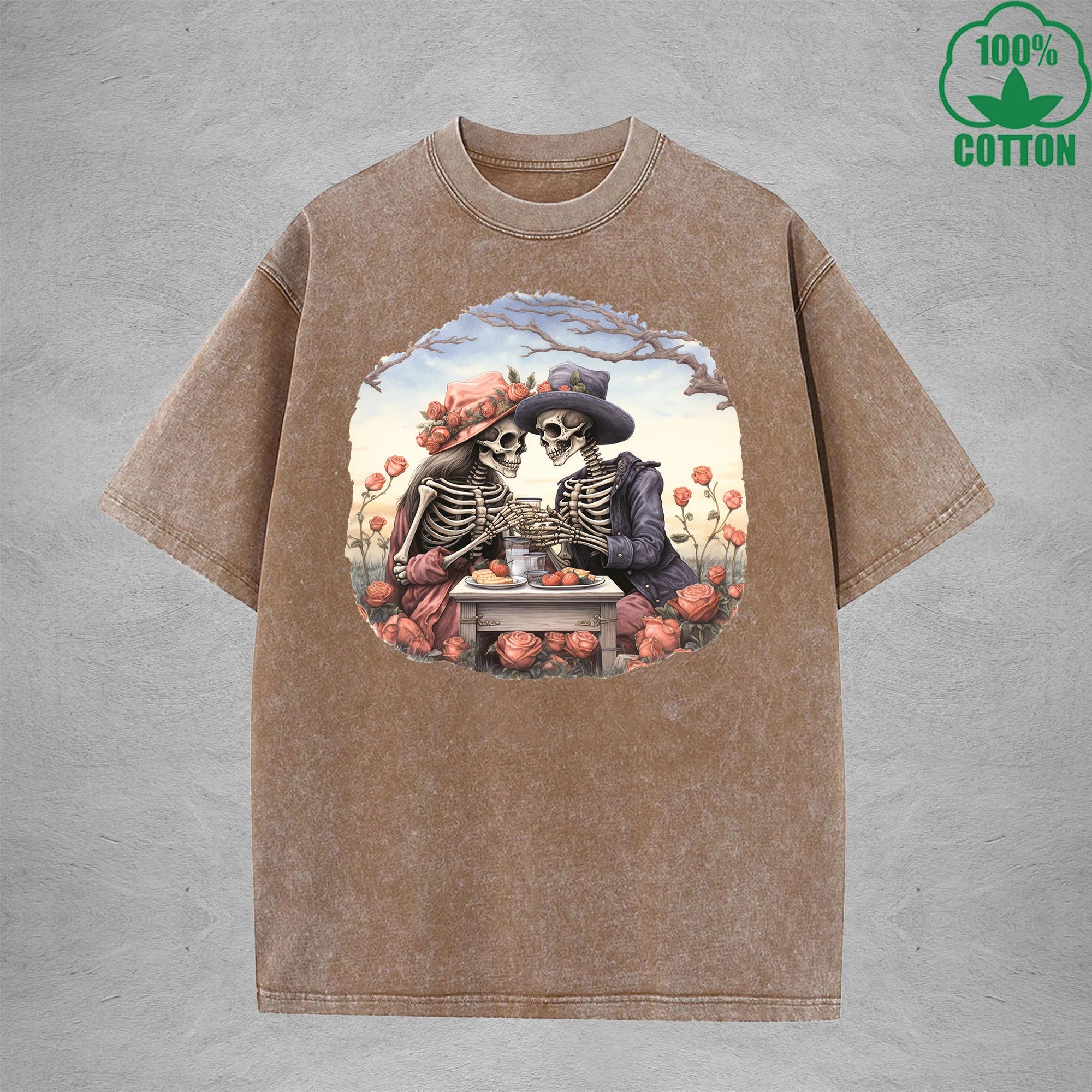 Romantic Afternoon Tea Interesting Printed Washed T-Shirt 230G Multicolor Loose Trendy Fashionable Cotton Short Sleeve Top