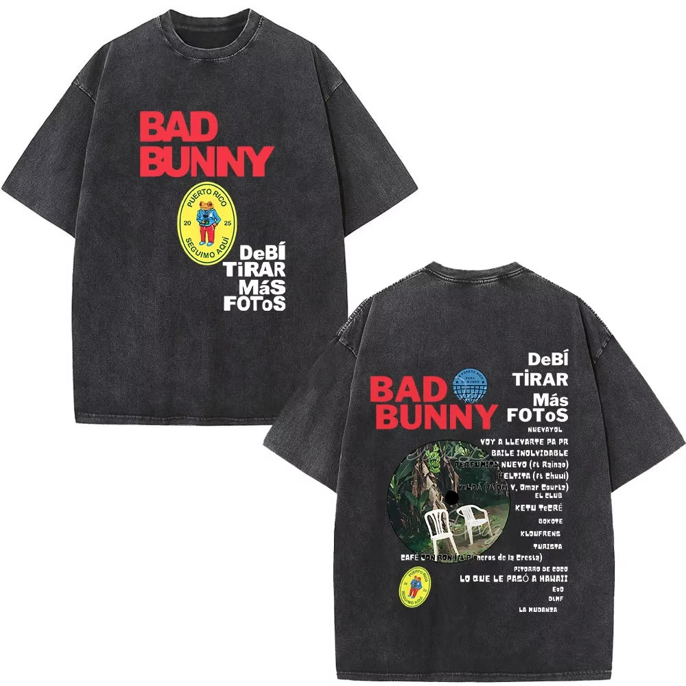 Rapper Bad Bunny Washed Vintage T-shirt Debi Tirar Mas Fotos DTMF World Tour T Shirts Men's Fashion Hip Hop T-shirts Streetwears