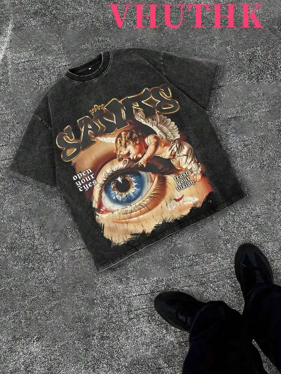 Denim Blue Cotton Tee With Religious Rock Star Graphic Print Streetwear Casual T-Shirt