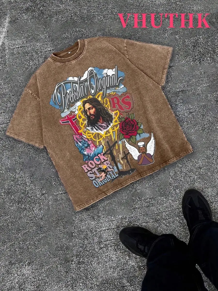 Denim Blue Cotton Tee With Religious Rock Star Graphic Print Streetwear Casual T-Shirt