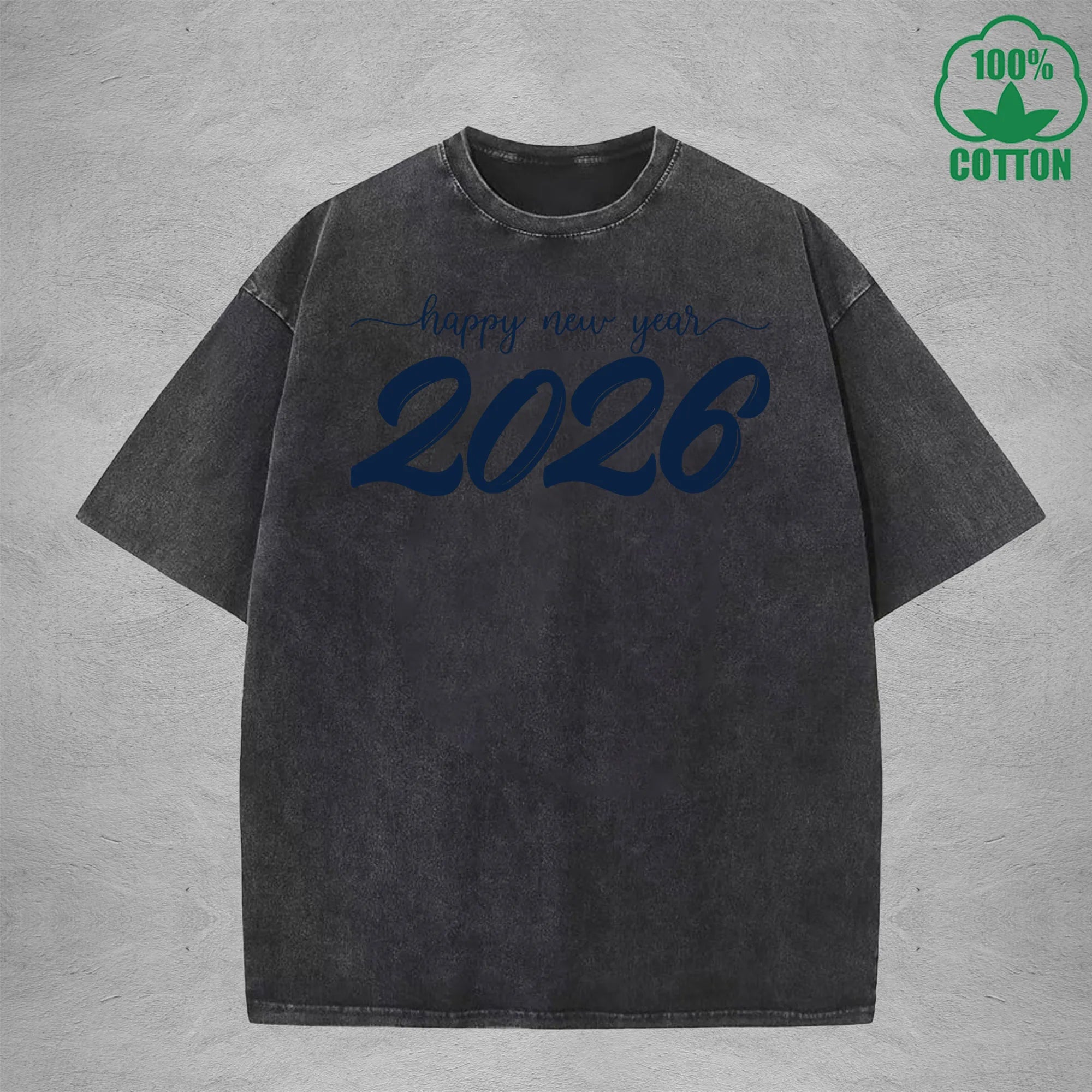 2026 Happy New Year Interest Printed Washed T-Shirt 230G Multicolor Loose Trendy Fashionable Cotton Short Sleeve Top