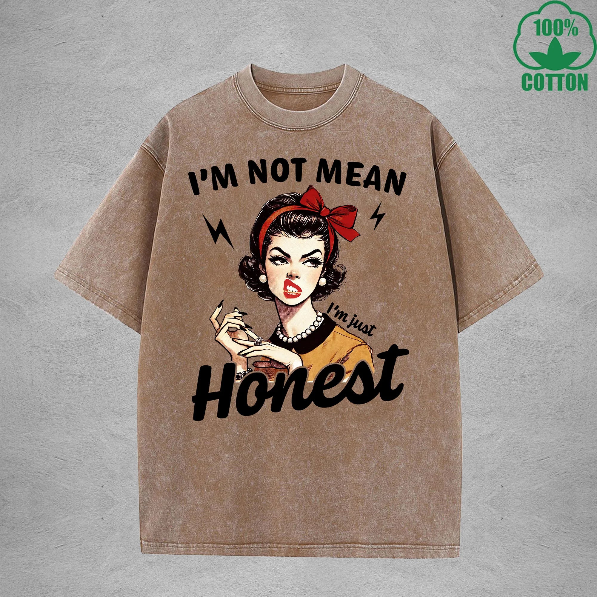I'm Not MeanInterest Printed Washed T-Shirt 230G Loose Trendy Fashionable 100%Cotton Short Sleeve Top