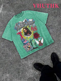 Denim Blue Cotton Tee With Religious Rock Star Graphic Print Streetwear Casual T-Shirt