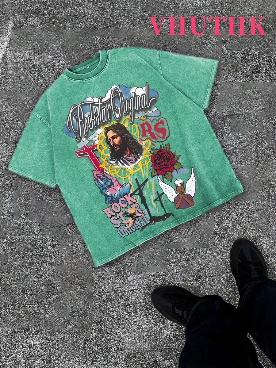 Denim Blue Cotton Tee With Religious Rock Star Graphic Print Streetwear Casual T-Shirt