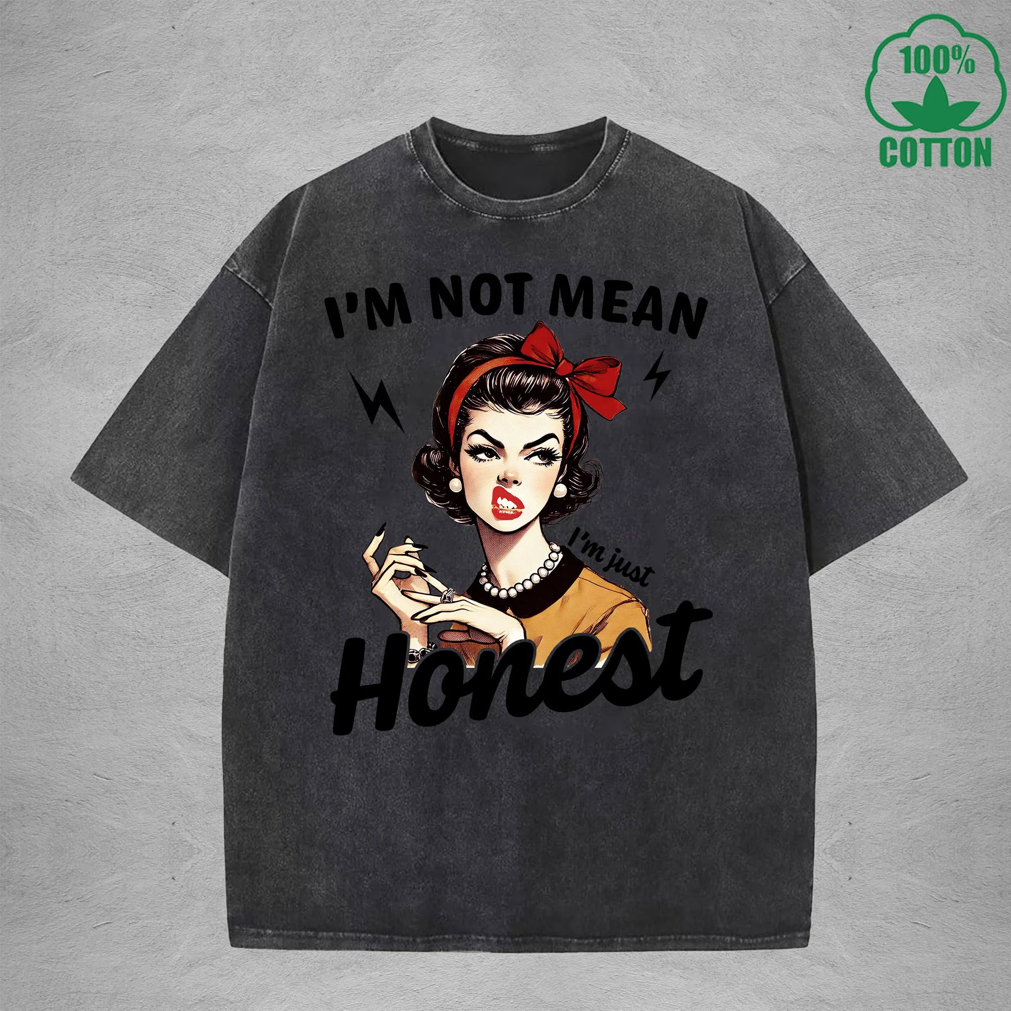 I'm Not MeanInterest Printed Washed T-Shirt 230G Loose Trendy Fashionable 100%Cotton Short Sleeve Top