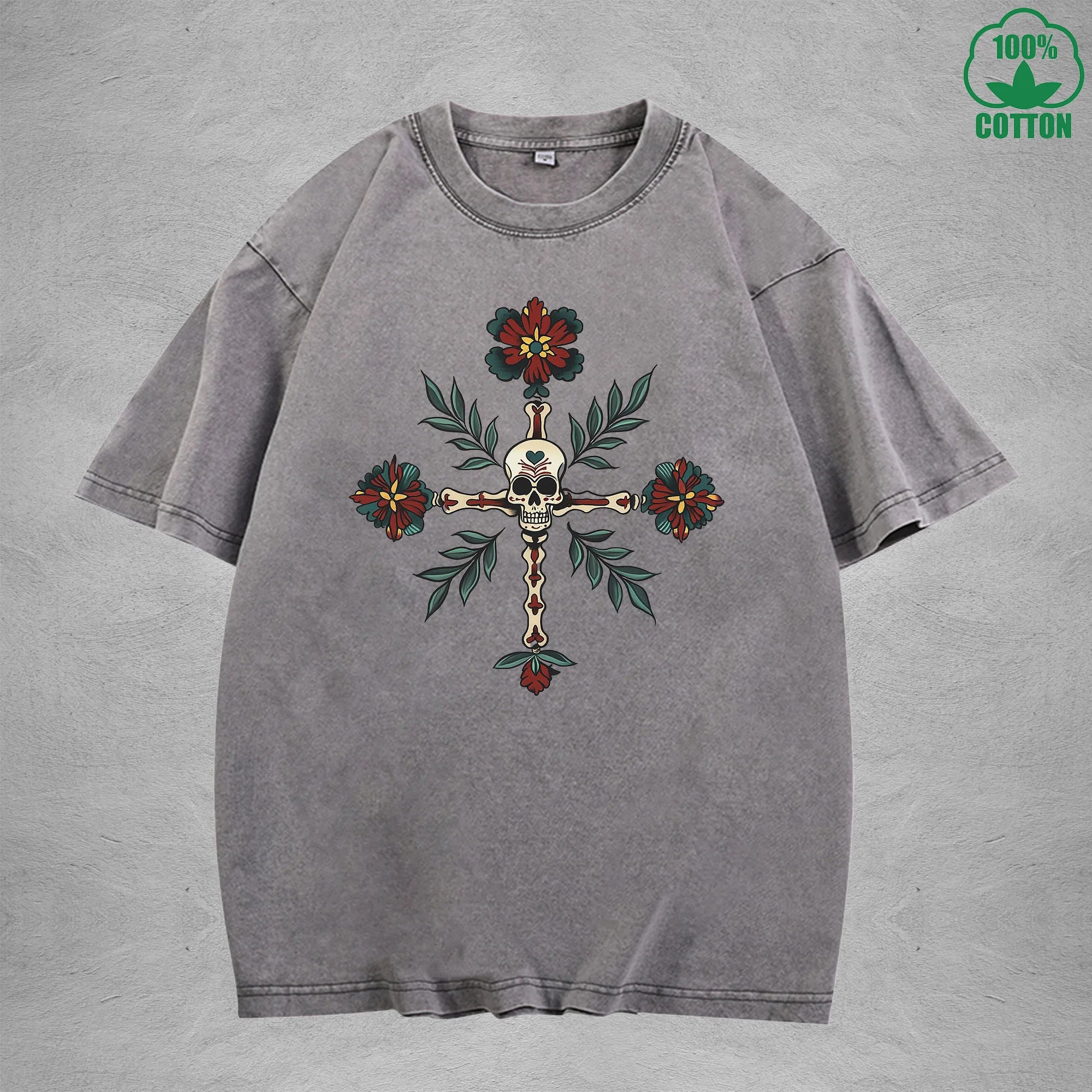 Skeleton Interest Printed Washed T-Shirt 230G Multicolor Loose Trendy Fashionable Cotton Short Sleeve Top