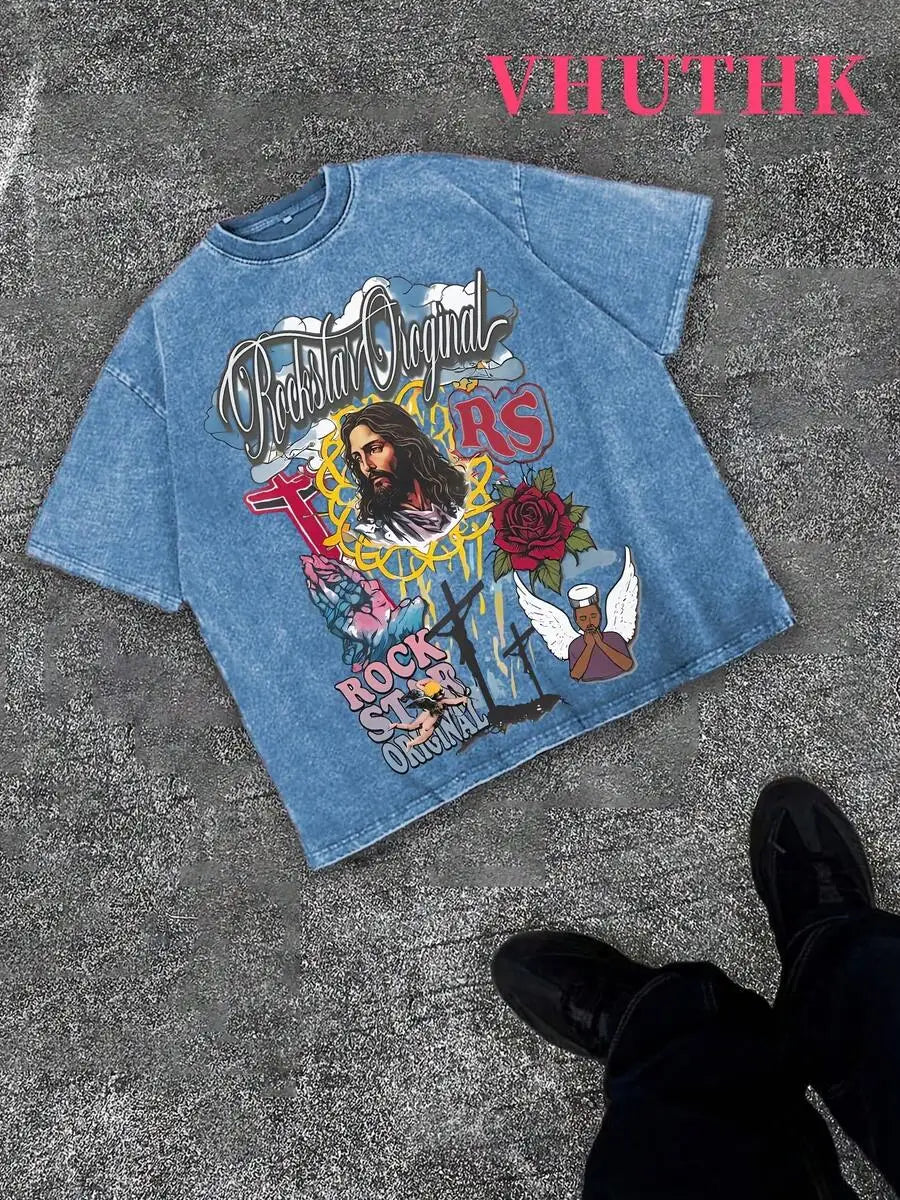 Denim Blue Cotton Tee With Religious Rock Star Graphic Print Streetwear Casual T-Shirt