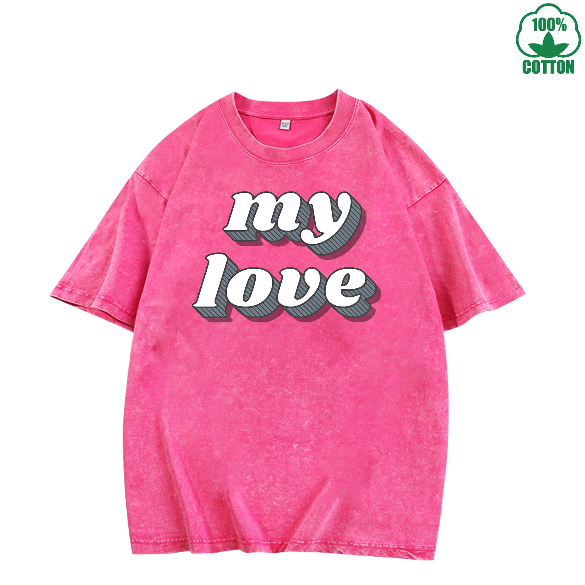 My Love Printed Multicolor Washed T-Shirt 230G American Style Loose Trendy Fashionable Cotton Short Sleeve Top