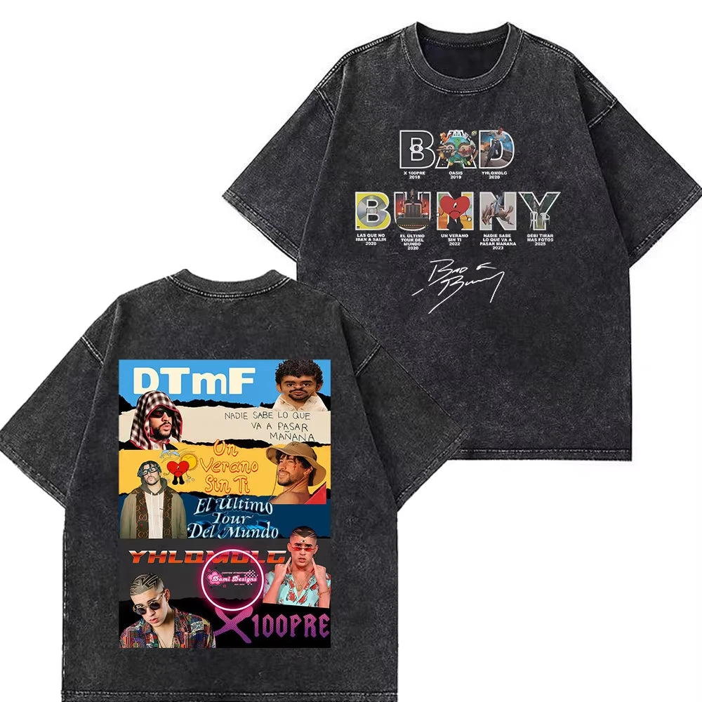 Rapper Bad Bunny Tour 2026 Debi Tirar Mas Fotos DTMF Merch Vintage Washed Tee Men's Women Fashion T Shirt Cotton Casual T-shirts