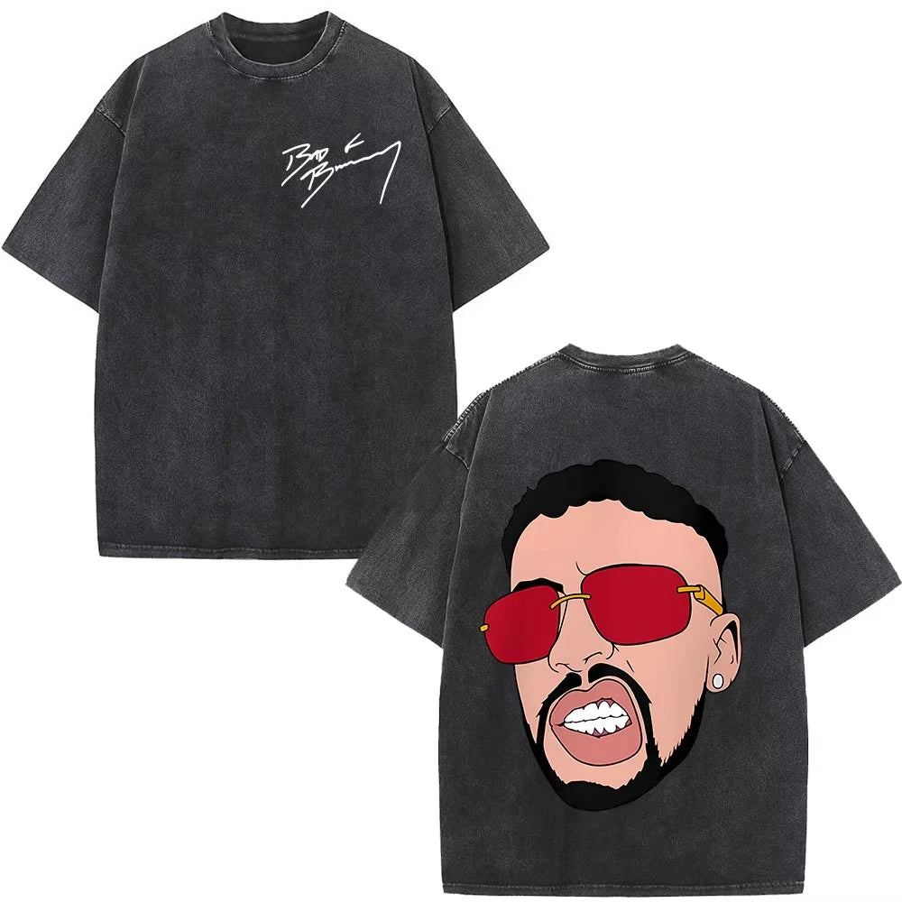 Rapper Bad Bunny Washed Vintage T-shirt Debi Tirar Mas Fotos DTMF World Tour T Shirts Men's Fashion Hip Hop T-shirts Streetwears