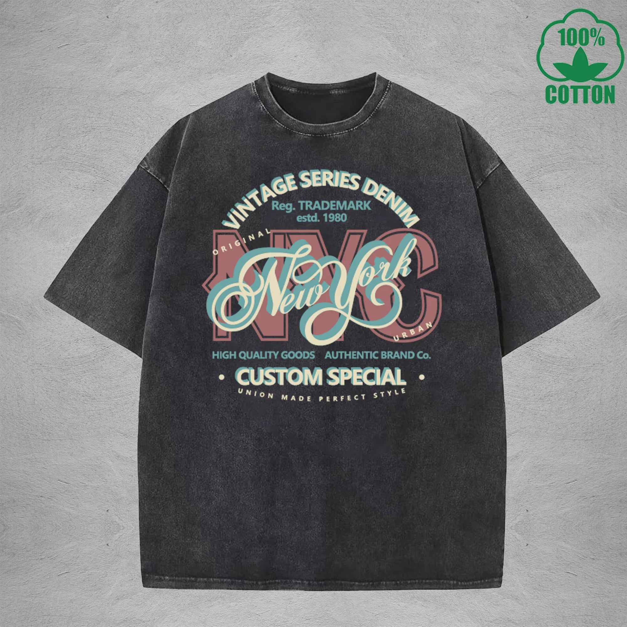 SERIES DENIM Interest Printed Washed T-Shirt 230G Multicolor Loose Trendy Fashionable Cotton Short Sleeve Top
