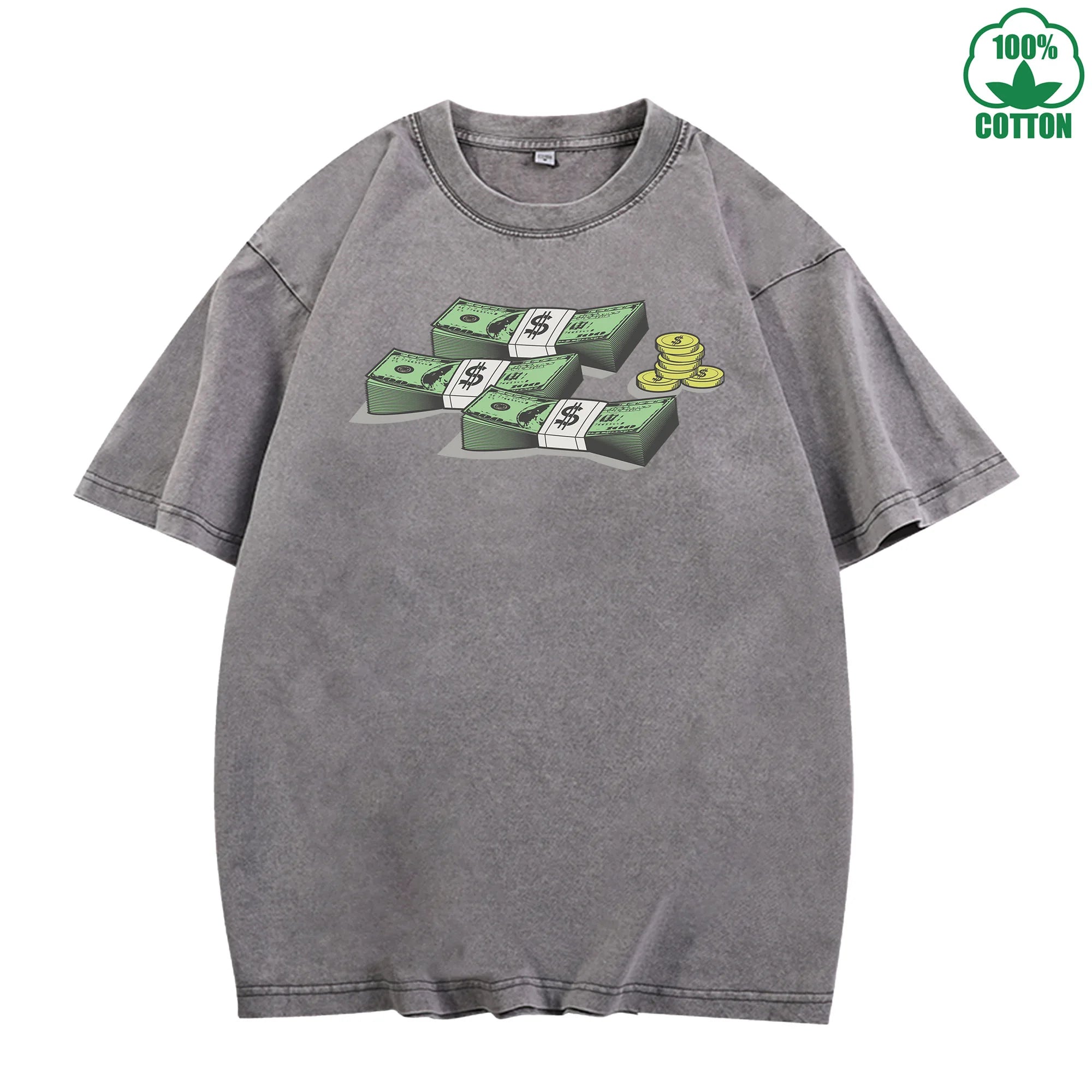 Banknote Printed Washed T-Shirt 230G Multicolor Loose Trendy Fashionable Cotton Short Sleeve Top The Best Gift Special Offer