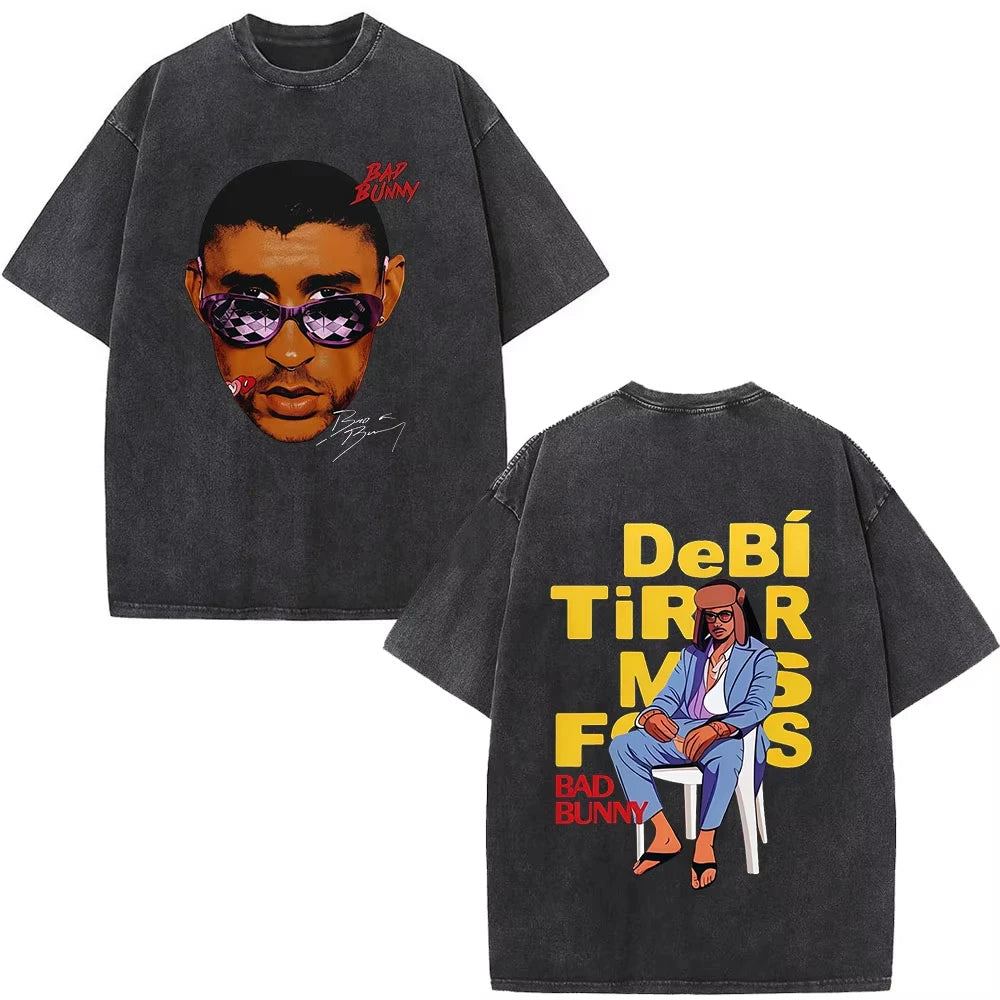 Rapper Bad Bunny Washed Vintage T-shirt Debi Tirar Mas Fotos DTMF World Tour T Shirts Men's Fashion Hip Hop T-shirts Streetwears