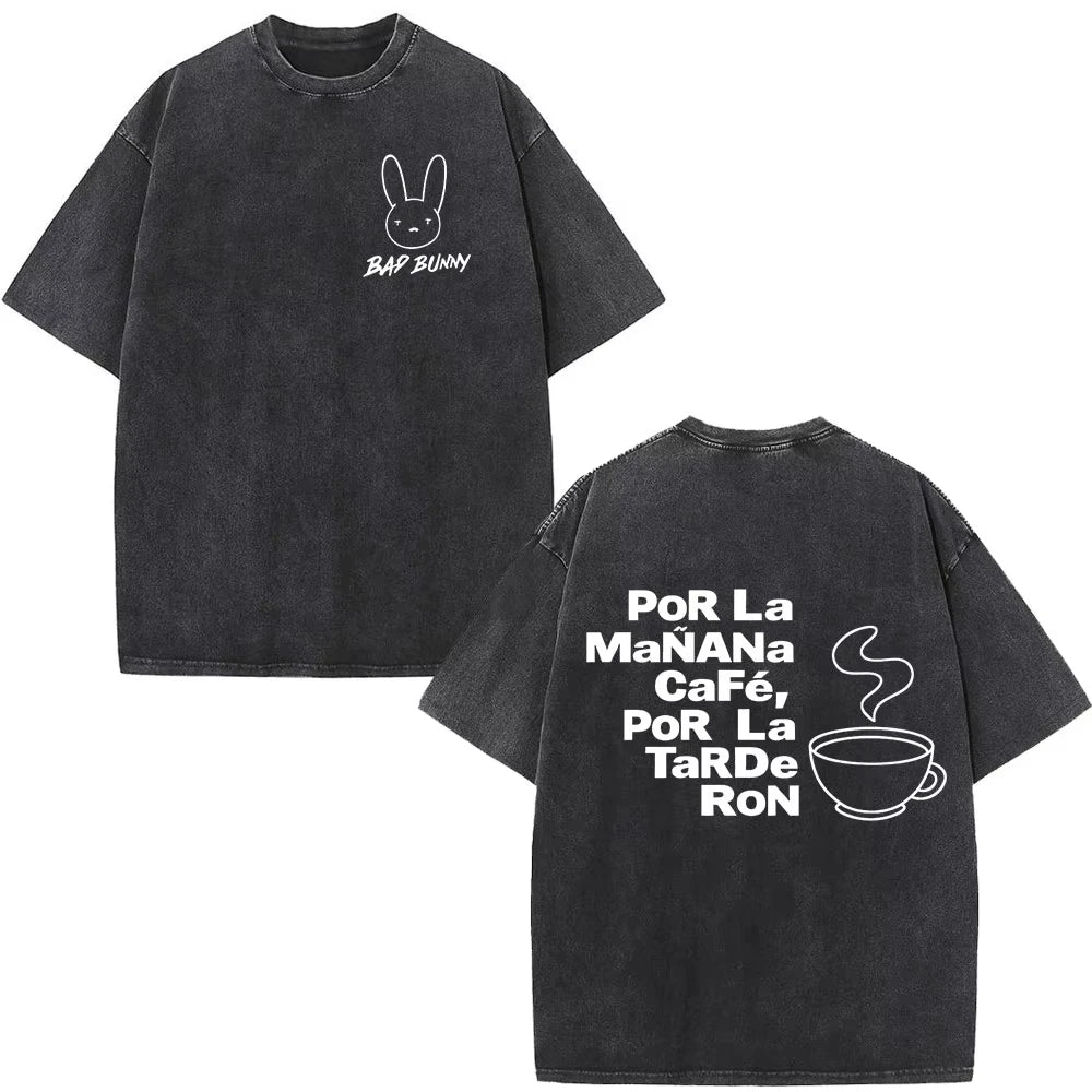 Rapper Bad Bunny Washed Vintage T-shirt Debi Tirar Mas Fotos DTMF World Tour T Shirts Men's Fashion Hip Hop T-shirts Streetwears
